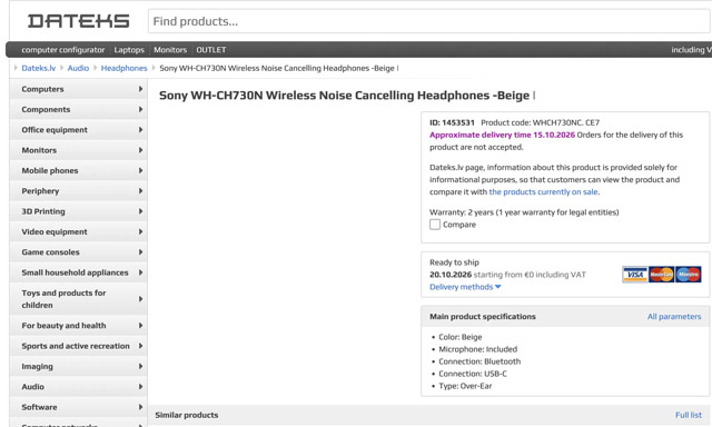Sony планирует выпустить новую модель полноразмерных беспроводных наушников WH-CH730N, которая станет преемником популярной среднебюджетной модели WH-CH720N.