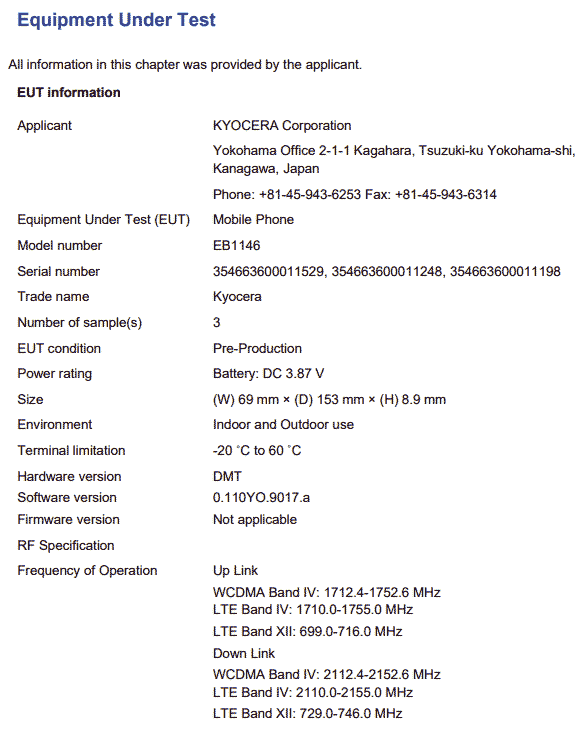 Федеральная Комиссия по Связи FCC зарегистрировала под индексом JOYEB1146 новый Android смартфон от компании Kyocera с поддержкой сетей 4G